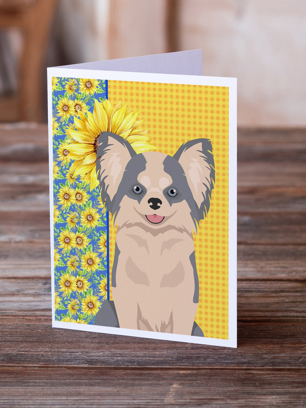 Summer Sunflowers Longhaired Blue and White Chihuahua Greeting Cards Pack of 8 Blank Cards with Envelopes Whimsical A7 Size 5x7