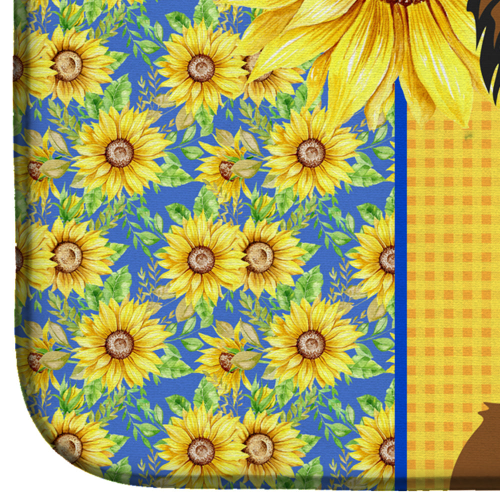 Summer Sunflowers Longhaired Black and Red Chihuahua Dish Drying Mat Absorbent Dish Drying Mat Pad for Kitchen Counter Dish Drainer Mat for Countertop, 14 x 21", Multicolor