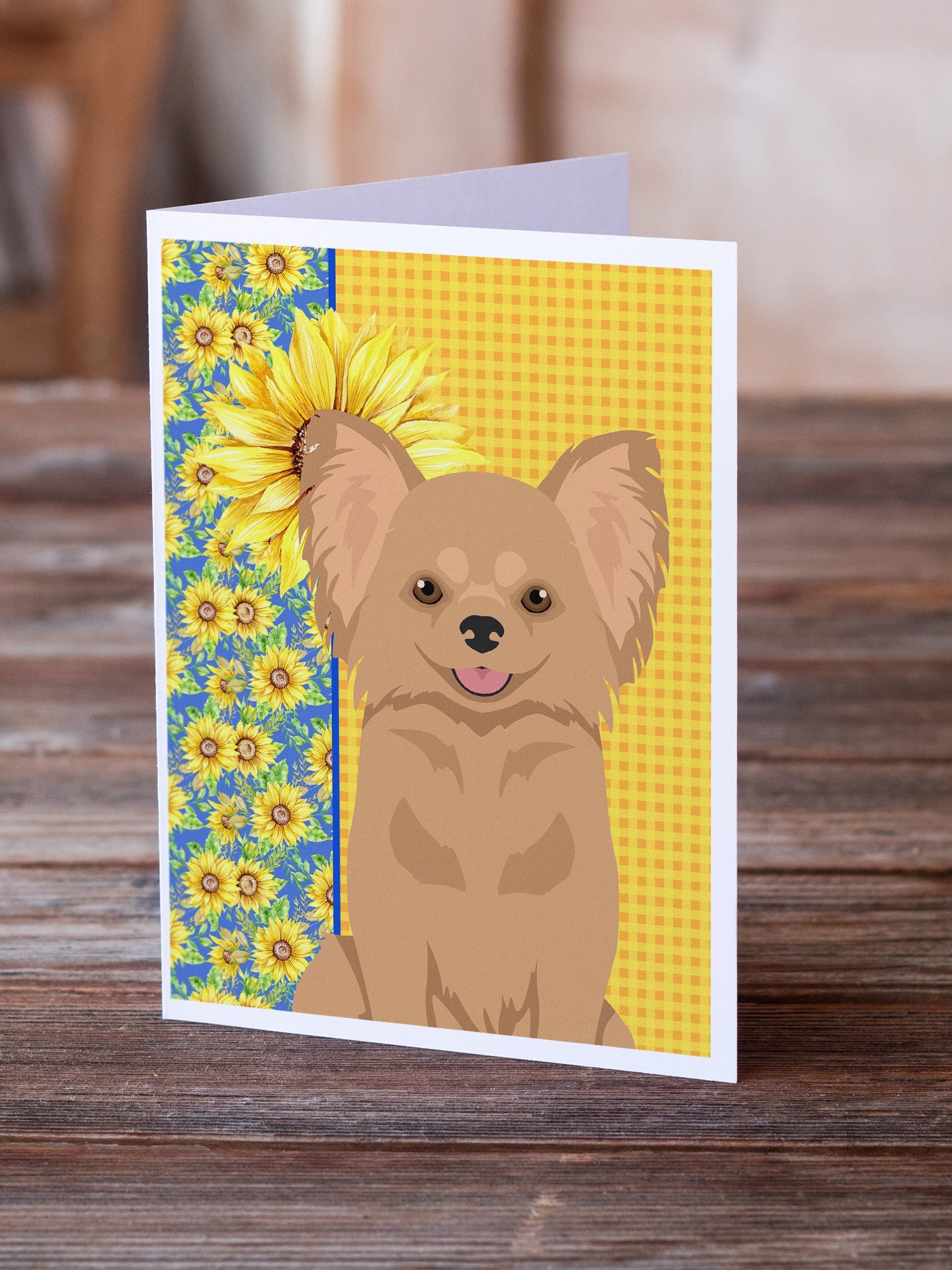 Summer Sunflowers Longhaired Gold Chihuahua Greeting Cards Pack of 8 Blank Cards with Envelopes Whimsical A7 Size 5x7
