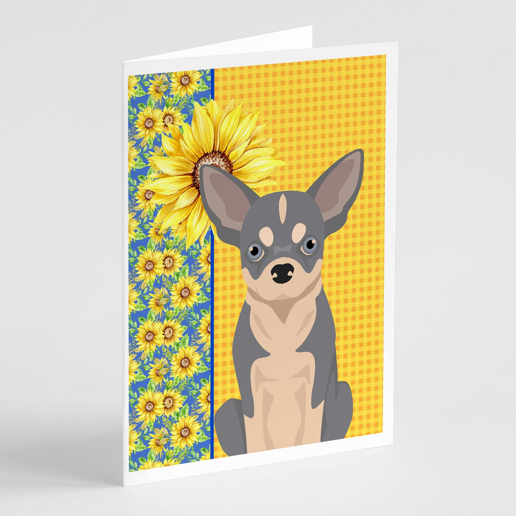 Summer Sunflowers Blue and White Chihuahua Greeting Cards Pack of 8 Blank Cards with Envelopes Whimsical A7 Size 5x7