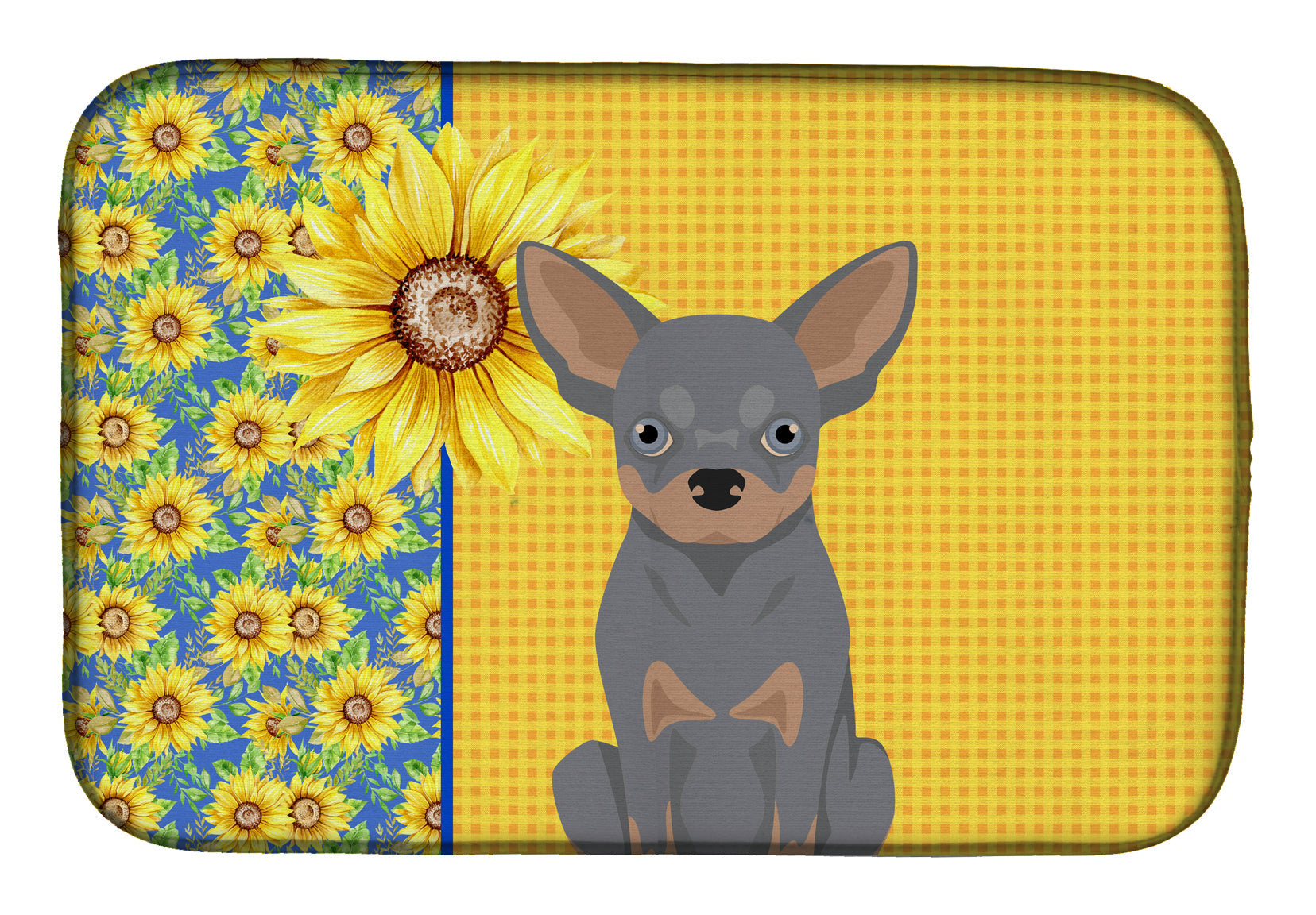 Summer Sunflowers Blue and Tan Chihuahua Dish Drying Mat Absorbent Dish Drying Mat Pad for Kitchen Counter Dish Drainer Mat for Countertop, 14 x 21", Multicolor