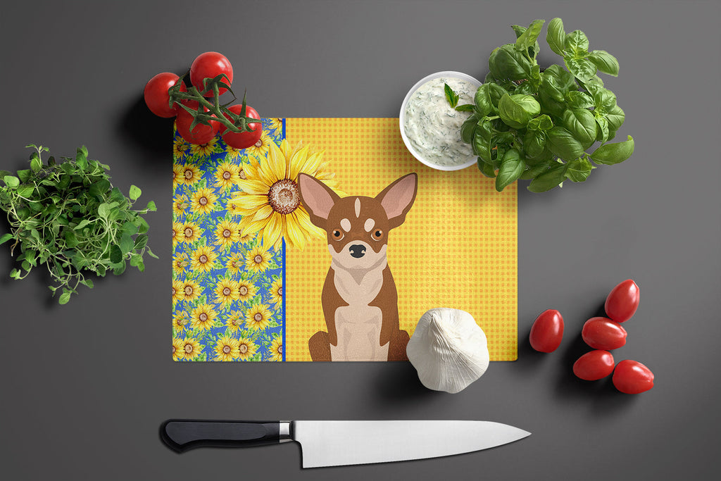 Summer Sunflowers Red and White Chihuahua Cutting Board Tempered Glass Kitchen Cutting Surface, Heat Resistant Chopping, Non-Slip Feet, Food Prep & Serving