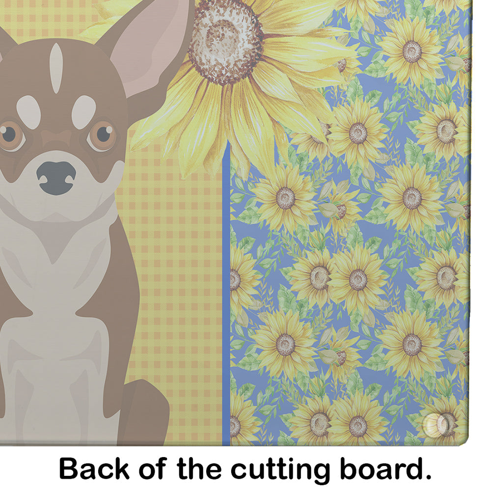 Summer Sunflowers Red and White Chihuahua Cutting Board Tempered Glass Kitchen Cutting Surface, Heat Resistant Chopping, Non-Slip Feet, Food Prep & Serving