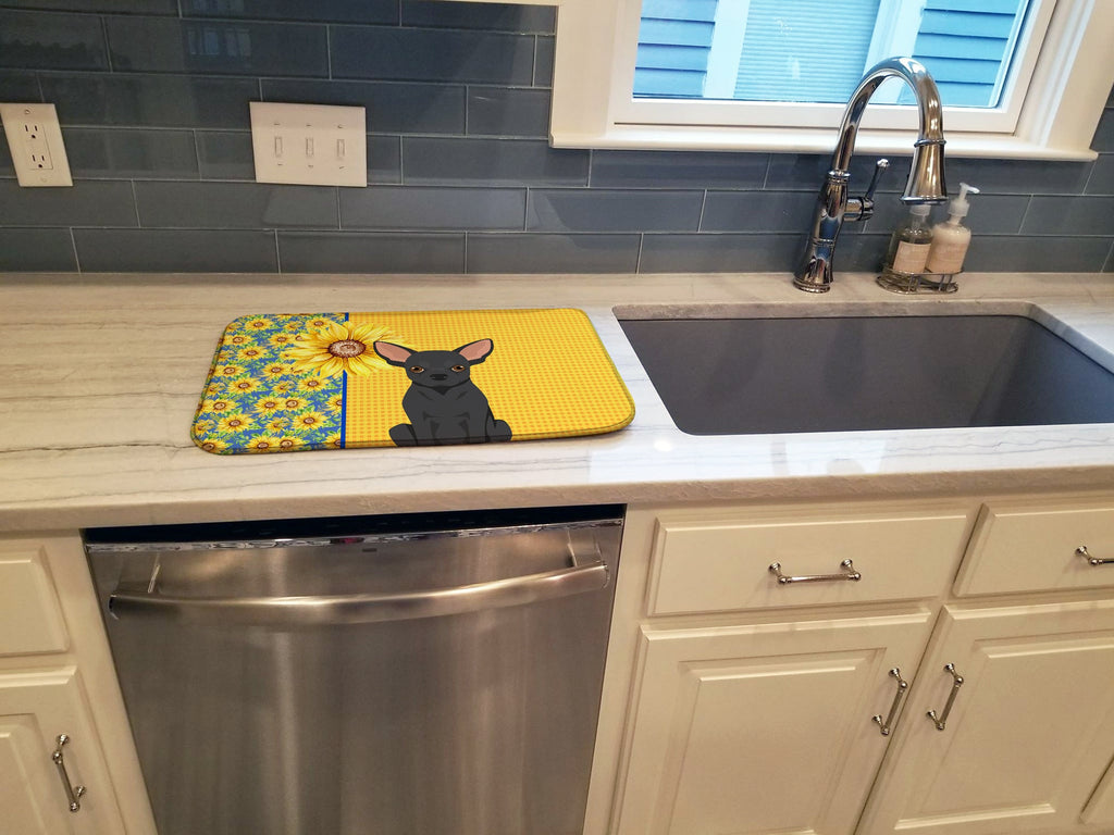 Summer Sunflowers Black Chihuahua Dish Drying Mat Absorbent Dish Drying Mat Pad for Kitchen Counter Dish Drainer Mat for Countertop, 14 x 21", Multicolor