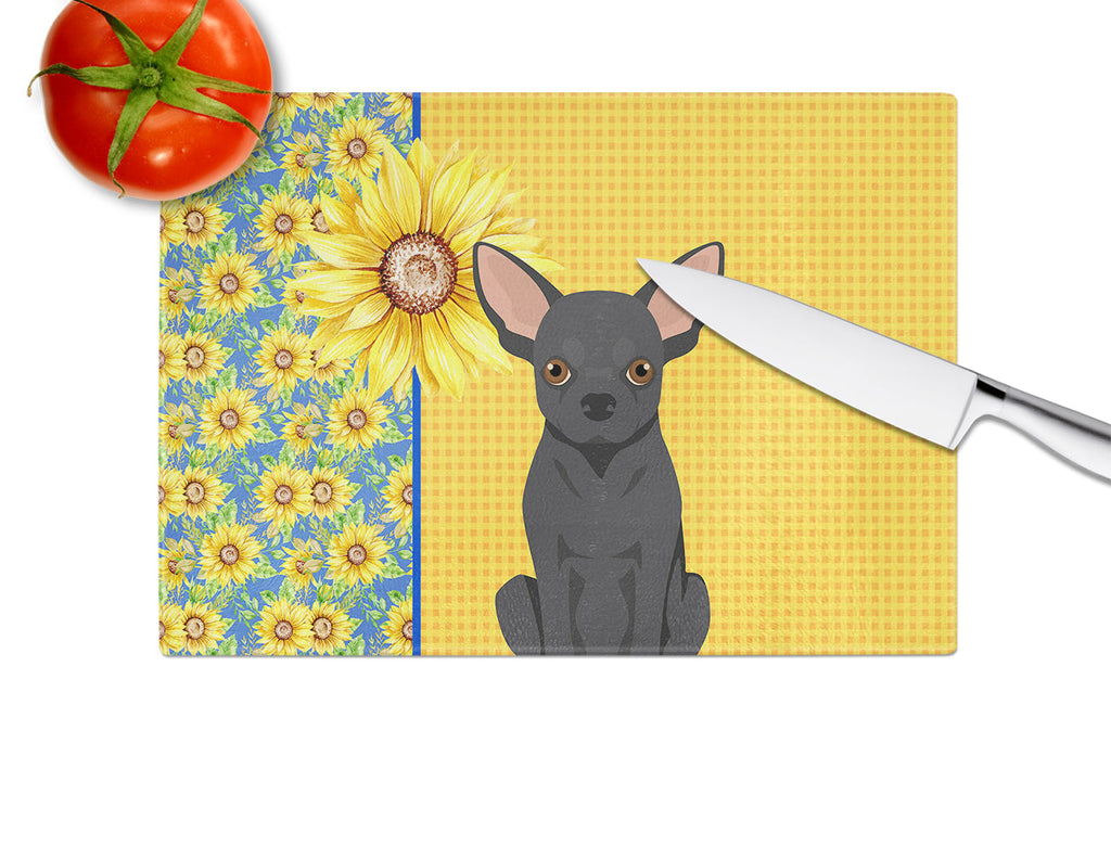 Summer Sunflowers Black Chihuahua Cutting Board Tempered Glass Kitchen Cutting Surface, Heat Resistant Chopping, Non-Slip Feet, Food Prep & Serving