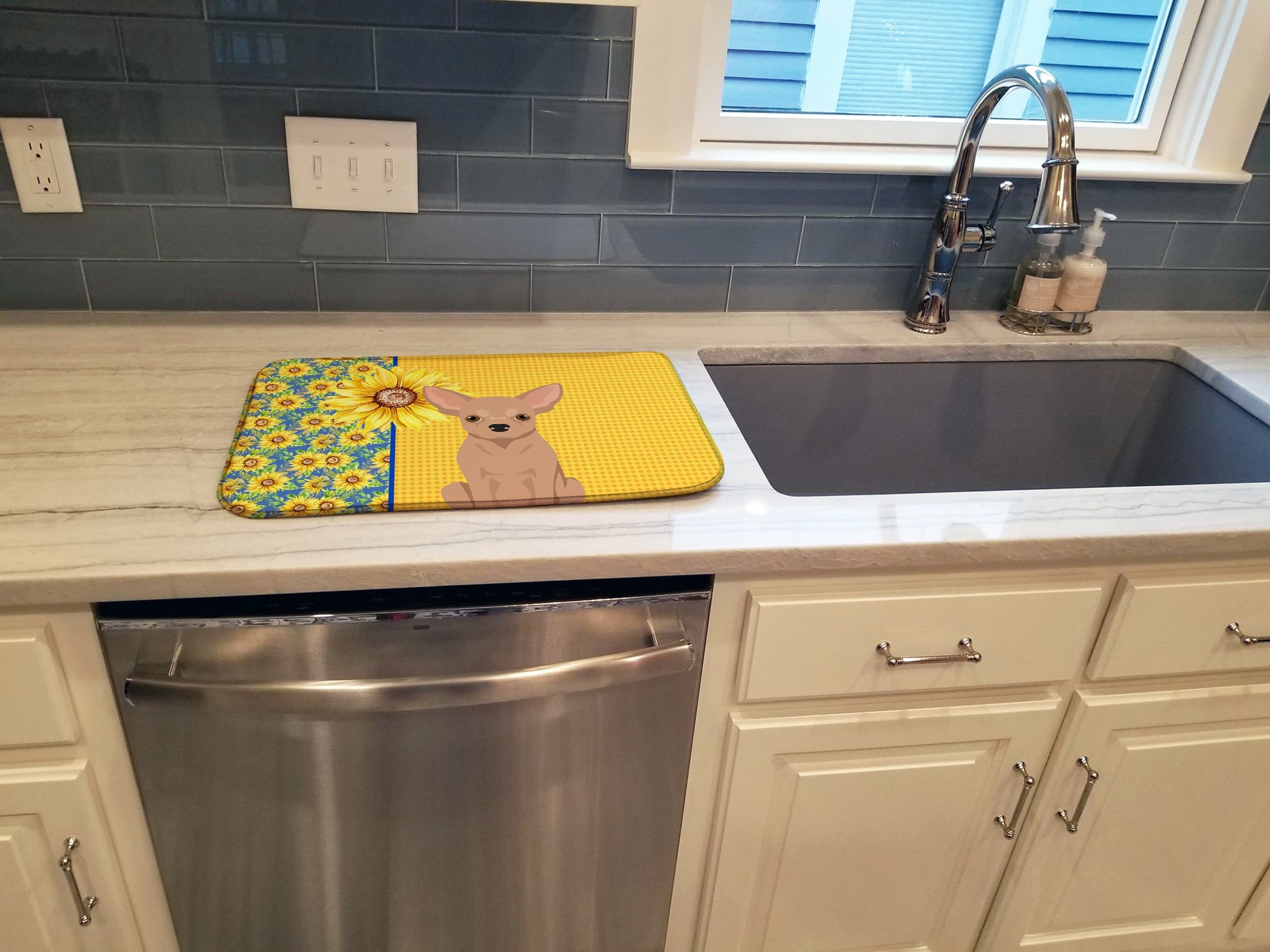 Summer Sunflowers Cream Chihuahua Dish Drying Mat Absorbent Dish Drying Mat Pad for Kitchen Counter Dish Drainer Mat for Countertop, 14 x 21", Multicolor