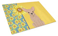 Summer Sunflowers Cream Chihuahua Cutting Board Tempered Glass Kitchen Cutting Surface, Heat Resistant Chopping, Non-Slip Feet, Food Prep & Serving
