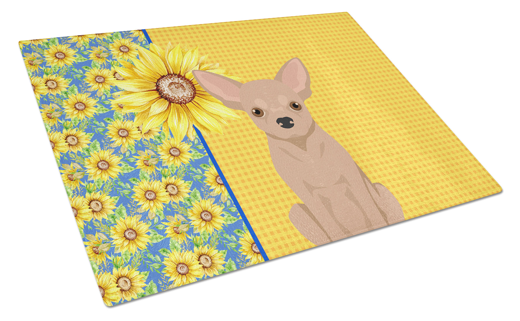 Summer Sunflowers Cream Chihuahua Cutting Board Tempered Glass Kitchen Cutting Surface, Heat Resistant Chopping, Non-Slip Feet, Food Prep & Serving