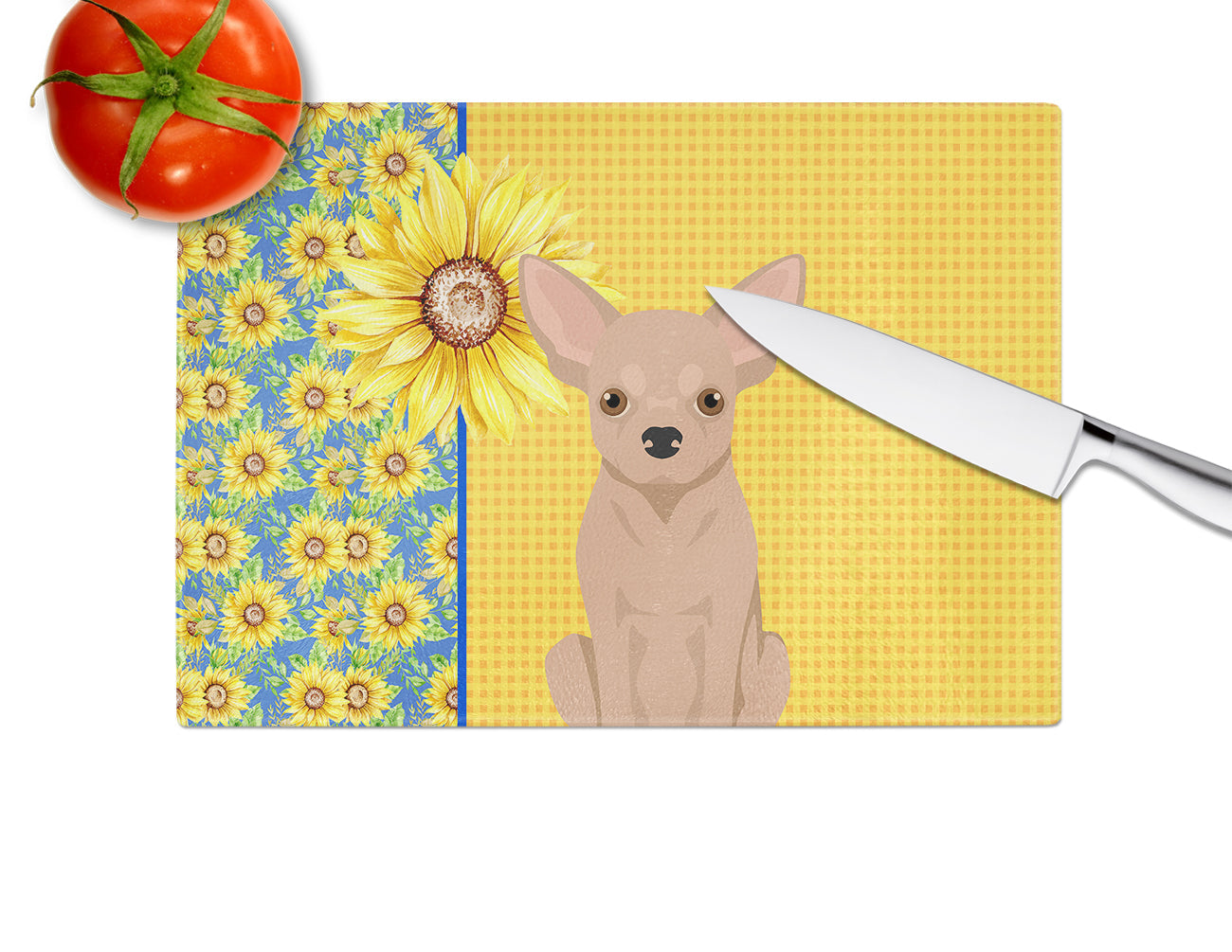 Summer Sunflowers Cream Chihuahua Cutting Board Tempered Glass Kitchen Cutting Surface, Heat Resistant Chopping, Non-Slip Feet, Food Prep & Serving