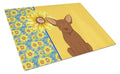 Summer Sunflowers Chocolate Chihuahua Cutting Board Tempered Glass Kitchen Cutting Surface, Heat Resistant Chopping, Non-Slip Feet, Food Prep & Serving