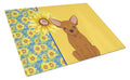 Summer Sunflowers Red Chihuahua Cutting Board Tempered Glass Kitchen Cutting Surface, Heat Resistant Chopping, Non-Slip Feet, Food Prep & Serving