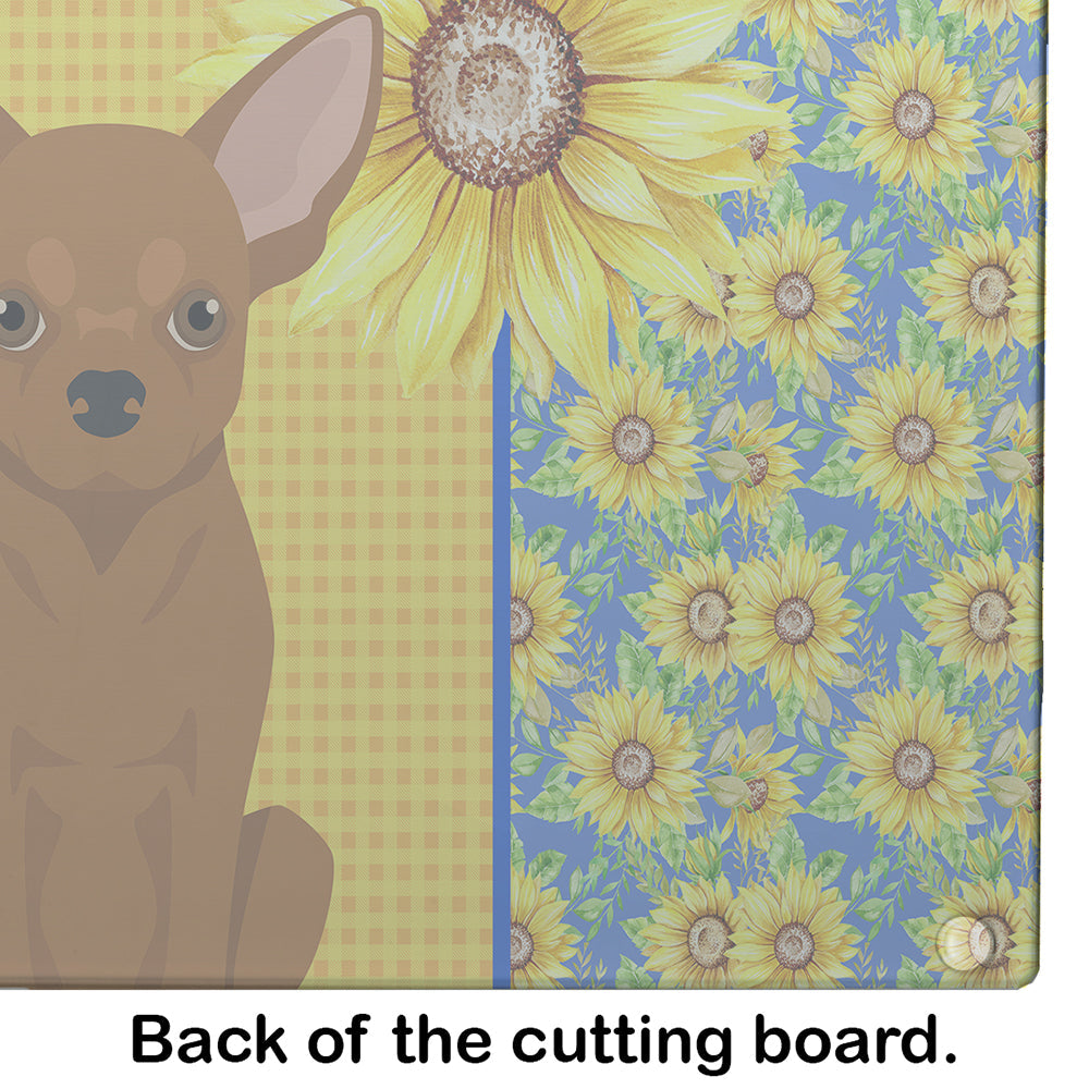 Summer Sunflowers Red Chihuahua Cutting Board Tempered Glass Kitchen Cutting Surface, Heat Resistant Chopping, Non-Slip Feet, Food Prep & Serving
