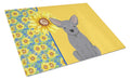 Summer Sunflowers Blue Chihuahua Cutting Board Tempered Glass Kitchen Cutting Surface, Heat Resistant Chopping, Non-Slip Feet, Food Prep & Serving