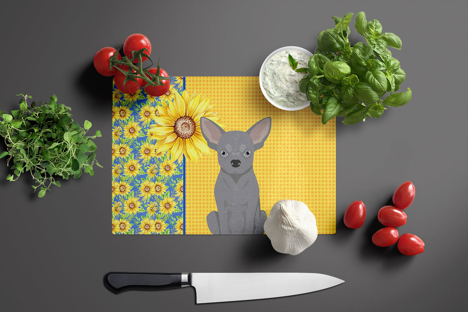 Summer Sunflowers Blue Chihuahua Cutting Board Tempered Glass Kitchen Cutting Surface, Heat Resistant Chopping, Non-Slip Feet, Food Prep & Serving