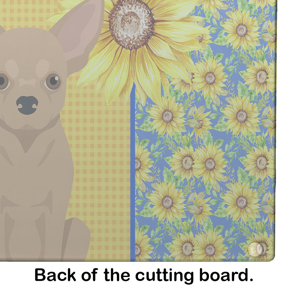 Summer Sunflowers Gold Chihuahua Cutting Board Tempered Glass Kitchen Cutting Surface, Heat Resistant Chopping, Non-Slip Feet, Food Prep & Serving