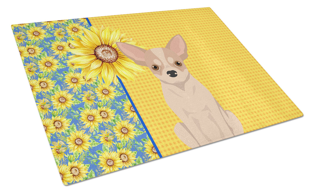 Summer Sunflowers Fawn and White Chihuahua Cutting Board Tempered Glass Kitchen Cutting Surface, Heat Resistant Chopping, Non-Slip Feet, Food Prep & Serving