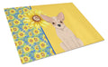 Summer Sunflowers Fawn and White Chihuahua Cutting Board Tempered Glass Kitchen Cutting Surface, Heat Resistant Chopping, Non-Slip Feet, Food Prep & Serving