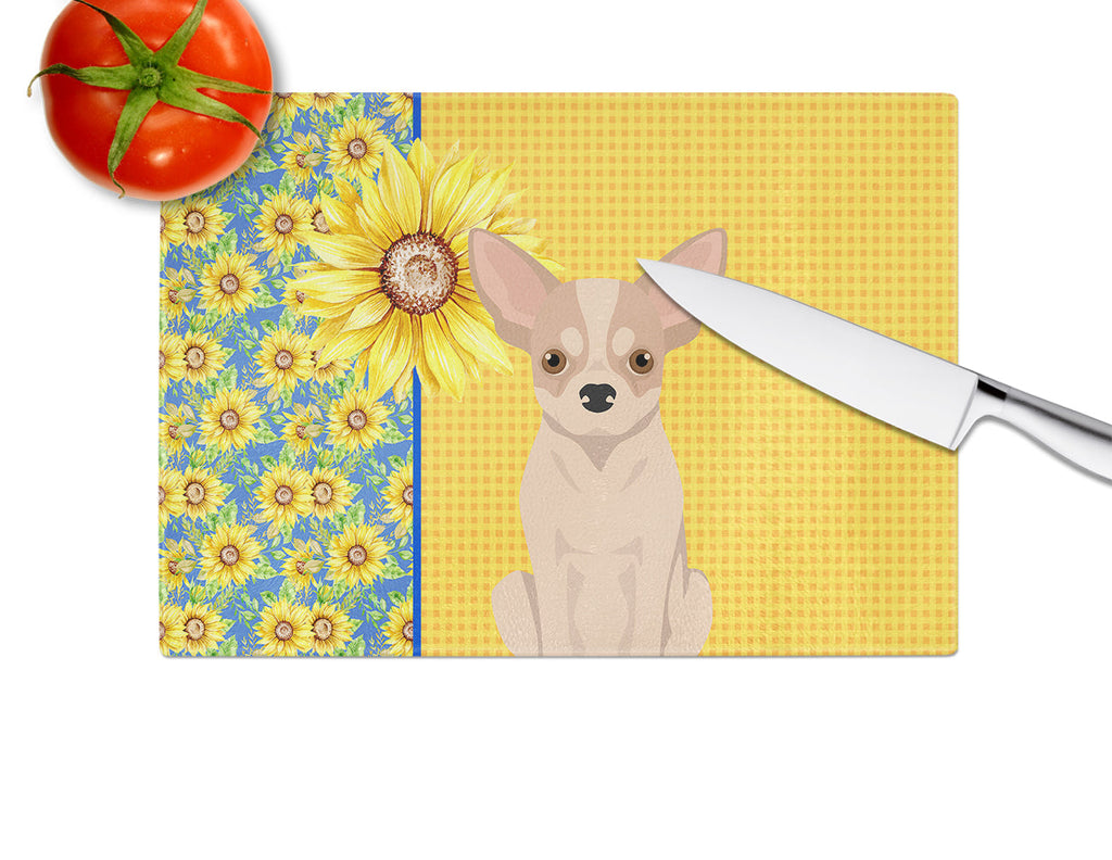 Summer Sunflowers Fawn and White Chihuahua Cutting Board Tempered Glass Kitchen Cutting Surface, Heat Resistant Chopping, Non-Slip Feet, Food Prep & Serving
