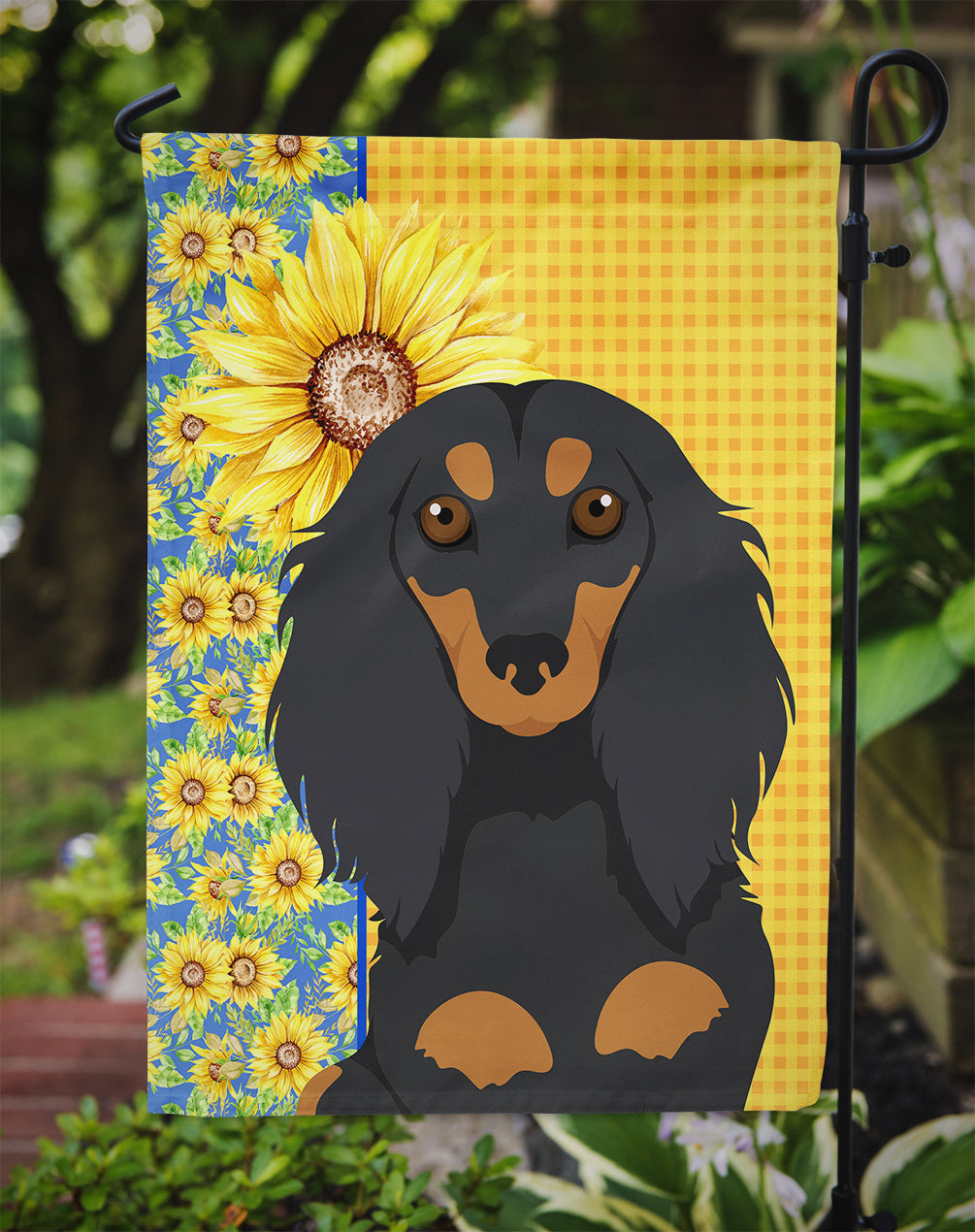 Summer Sunflowers Longhair Black and Tan Dachshund Garden Flag Mailbox Decorative Yard Banner Outside Patio Artwork for Flower Beds, Garden Size, Multicolor
