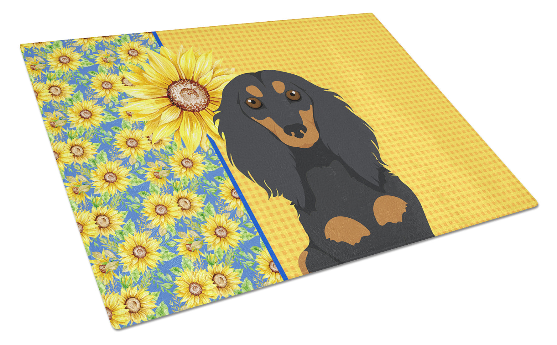 Summer Sunflowers Longhair Black and Tan Dachshund Cutting Board Tempered Glass Kitchen Cutting Surface, Heat Resistant Chopping, Non-Slip Feet, Food Prep & Serving