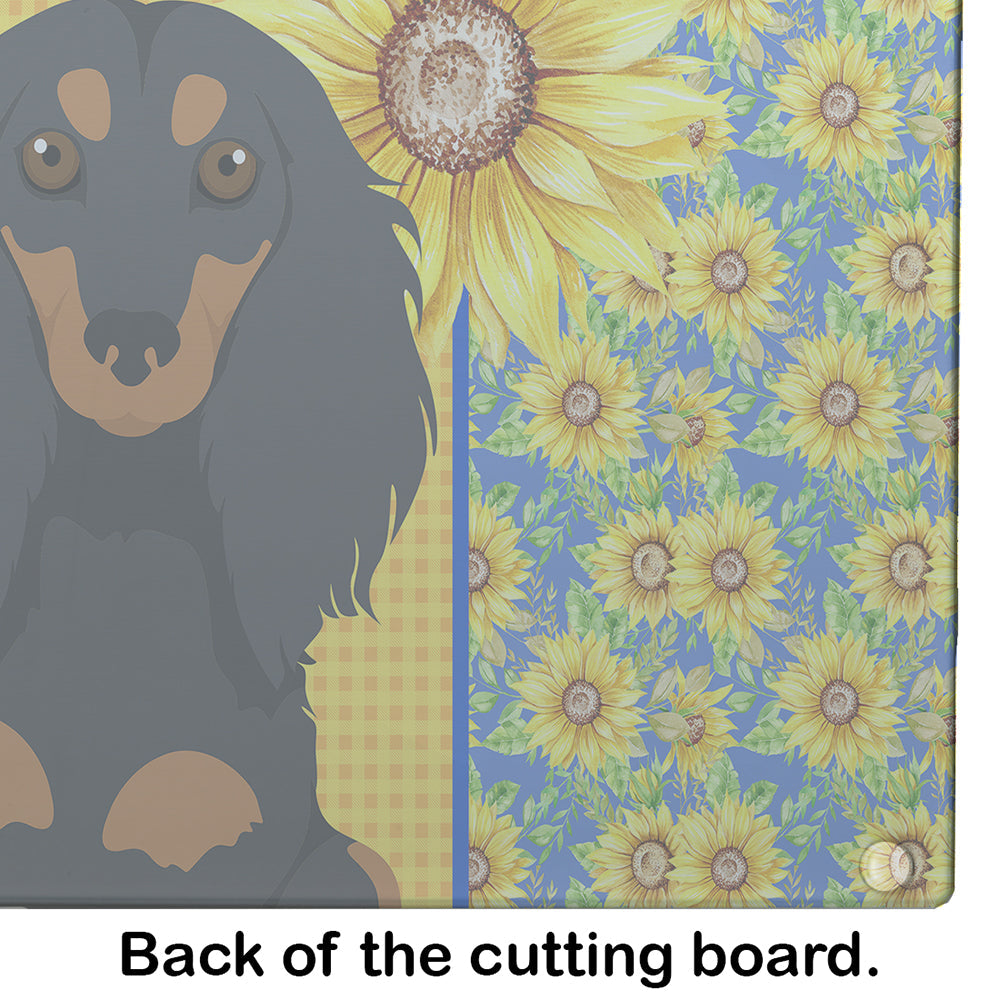 Summer Sunflowers Longhair Black and Tan Dachshund Cutting Board Tempered Glass Kitchen Cutting Surface, Heat Resistant Chopping, Non-Slip Feet, Food Prep & Serving
