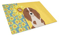 Summer Sunflowers Longhair Red Pedbald Dachshund Cutting Board Tempered Glass Kitchen Cutting Surface, Heat Resistant Chopping, Non-Slip Feet, Food Prep & Serving