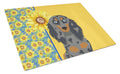 Summer Sunflowers Longhair Blue and Tan Dapple Dachshund Cutting Board Tempered Glass Kitchen Cutting Surface, Heat Resistant Chopping, Non-Slip Feet, Food Prep & Serving