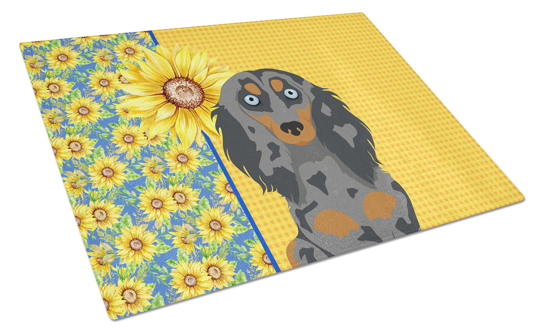 Summer Sunflowers Longhair Blue and Tan Dapple Dachshund Cutting Board Tempered Glass Kitchen Cutting Surface, Heat Resistant Chopping, Non-Slip Feet, Food Prep & Serving