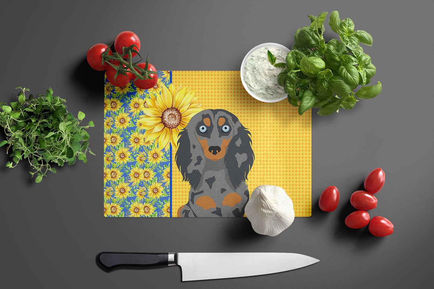 Summer Sunflowers Longhair Blue and Tan Dapple Dachshund Cutting Board Tempered Glass Kitchen Cutting Surface, Heat Resistant Chopping, Non-Slip Feet, Food Prep & Serving