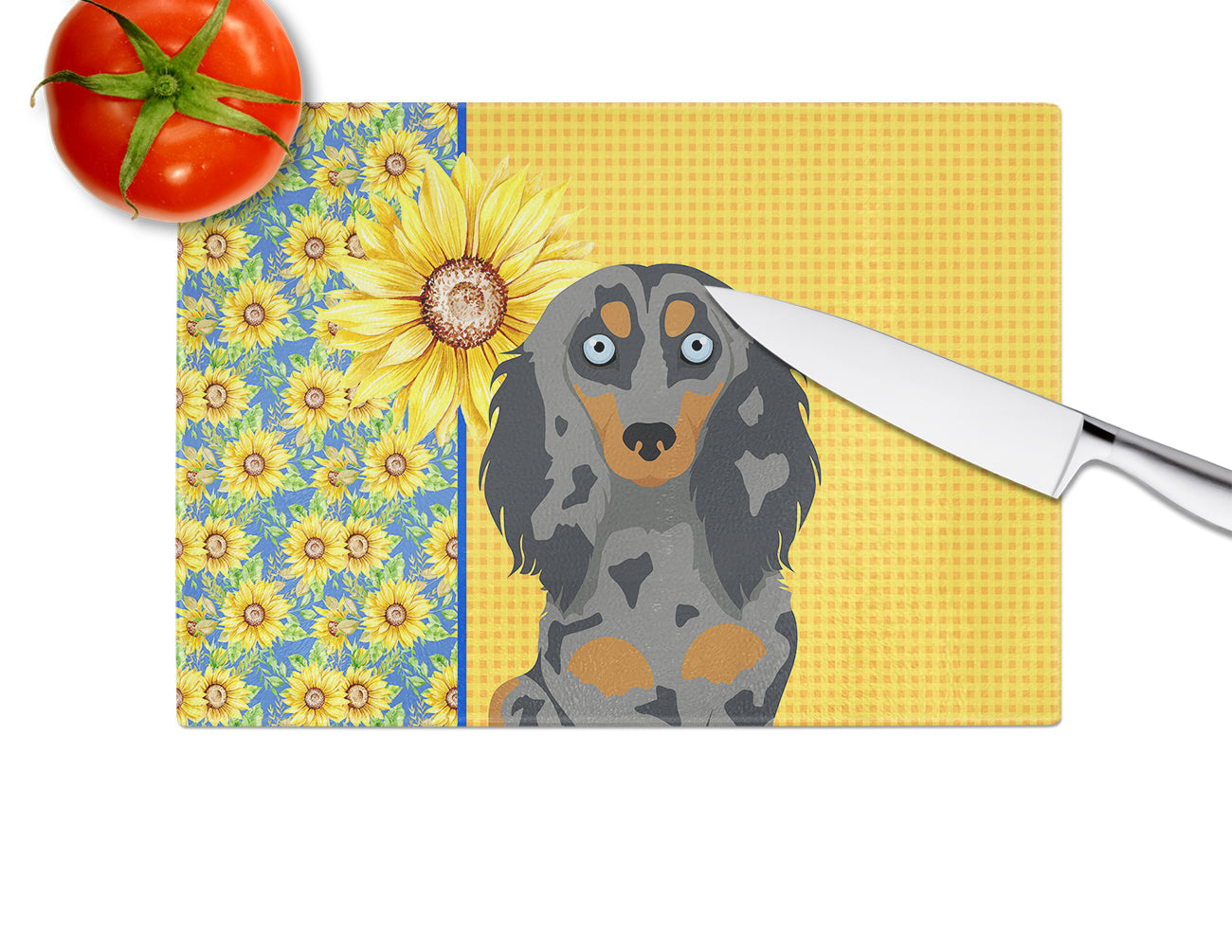 Summer Sunflowers Longhair Blue and Tan Dapple Dachshund Cutting Board Tempered Glass Kitchen Cutting Surface, Heat Resistant Chopping, Non-Slip Feet, Food Prep & Serving
