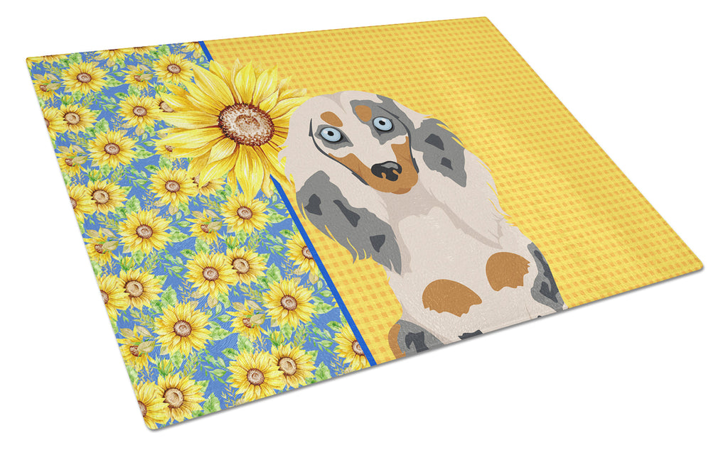 Summer Sunflowers Longhair Cream Dapple Dachshund Cutting Board Tempered Glass Kitchen Cutting Surface, Heat Resistant Chopping, Non-Slip Feet, Food Prep & Serving