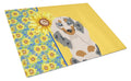 Summer Sunflowers Longhair Cream Dapple Dachshund Cutting Board Tempered Glass Kitchen Cutting Surface, Heat Resistant Chopping, Non-Slip Feet, Food Prep & Serving