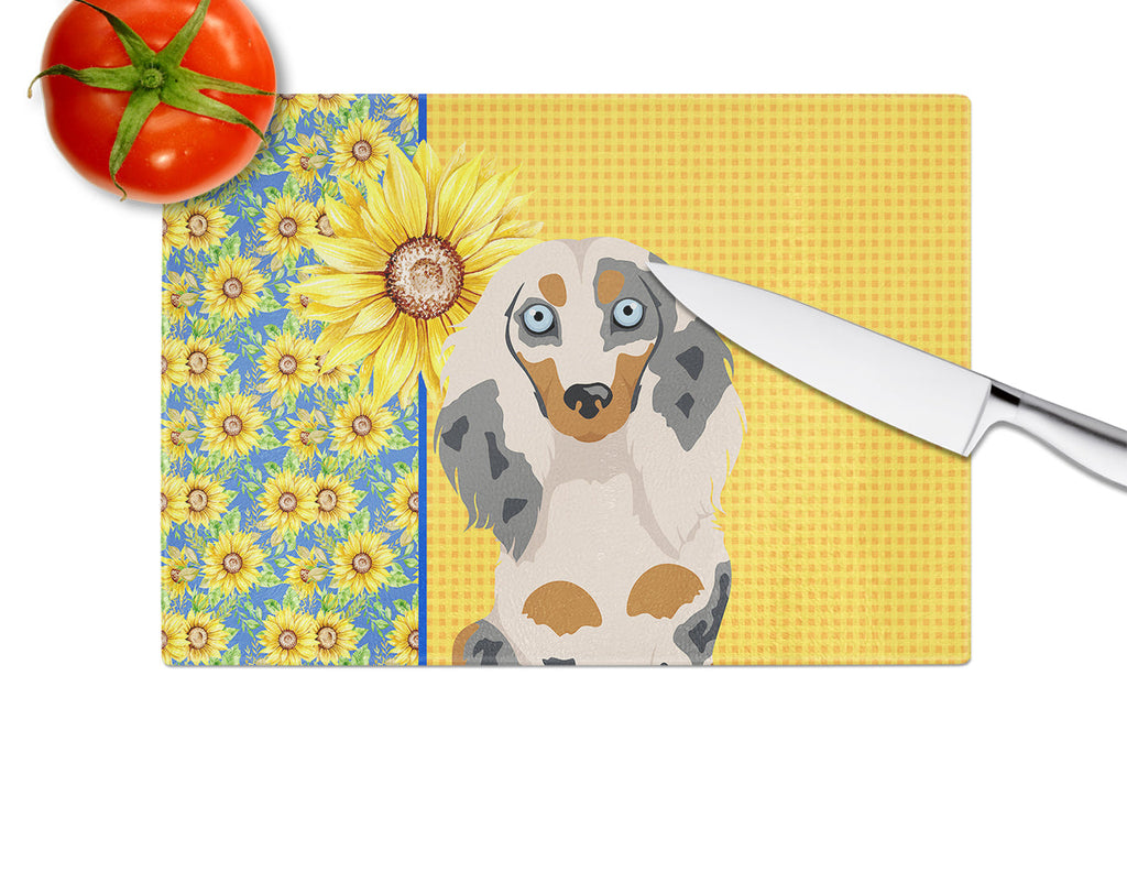 Summer Sunflowers Longhair Cream Dapple Dachshund Cutting Board Tempered Glass Kitchen Cutting Surface, Heat Resistant Chopping, Non-Slip Feet, Food Prep & Serving