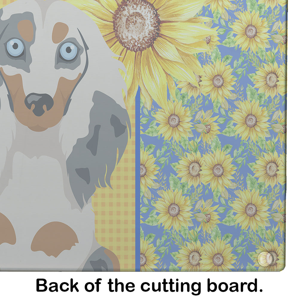 Summer Sunflowers Longhair Cream Dapple Dachshund Cutting Board Tempered Glass Kitchen Cutting Surface, Heat Resistant Chopping, Non-Slip Feet, Food Prep & Serving