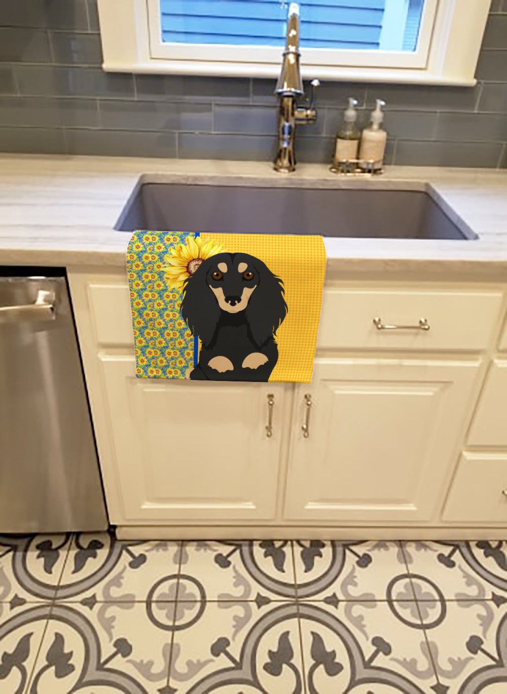 Summer Sunflowers Longhair Black and Cream Dachshund Kitchen Towel Velour Plush Front and Cotton Loop Back Machine Washable