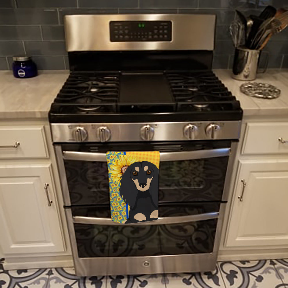 Summer Sunflowers Longhair Black and Cream Dachshund Kitchen Towel Velour Plush Front and Cotton Loop Back Machine Washable
