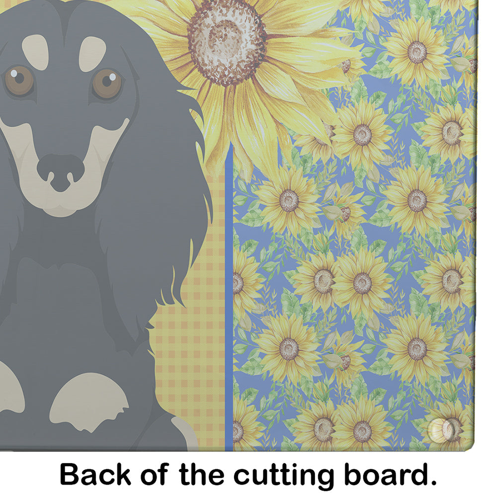 Summer Sunflowers Longhair Black and Cream Dachshund Cutting Board Tempered Glass Kitchen Cutting Surface, Heat Resistant Chopping, Non-Slip Feet, Food Prep & Serving