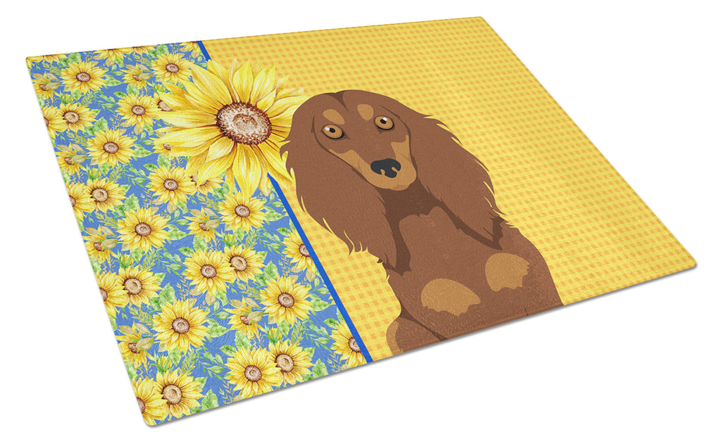 Summer Sunflowers Longhair Chocolate and Tan Dachshund Cutting Board Tempered Glass Kitchen Cutting Surface, Heat Resistant Chopping, Non-Slip Feet, Food Prep & Serving