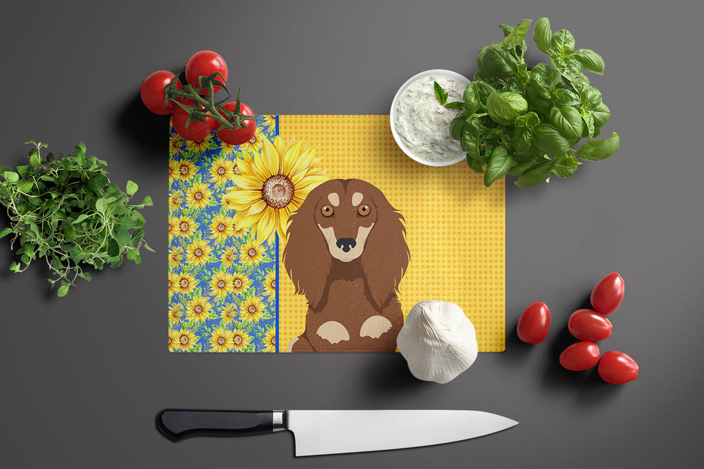 Summer Sunflowers Longhair Chocolate and Cream Dachshund Cutting Board Tempered Glass Kitchen Cutting Surface, Heat Resistant Chopping, Non-Slip Feet, Food Prep & Serving