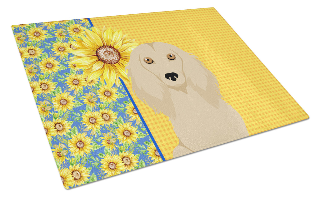 Summer Sunflowers Longhair Cream Dachshund Cutting Board Tempered Glass Kitchen Cutting Surface, Heat Resistant Chopping, Non-Slip Feet, Food Prep & Serving