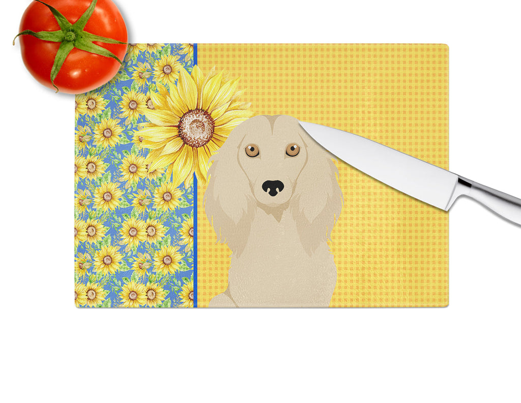 Summer Sunflowers Longhair Cream Dachshund Cutting Board Tempered Glass Kitchen Cutting Surface, Heat Resistant Chopping, Non-Slip Feet, Food Prep & Serving