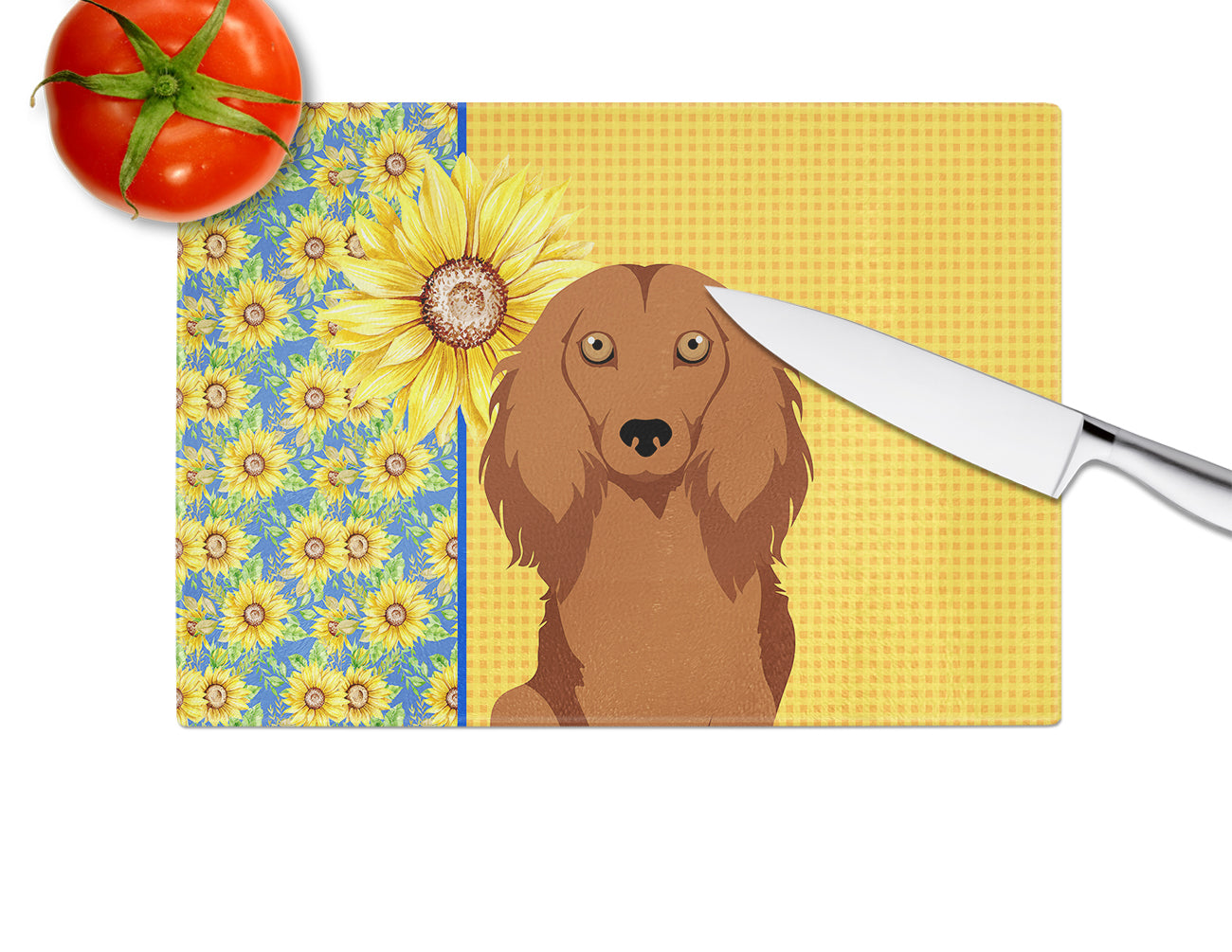 Summer Sunflowers Longhair Red Dachshund Cutting Board Tempered Glass Kitchen Cutting Surface, Heat Resistant Chopping, Non-Slip Feet, Food Prep & Serving