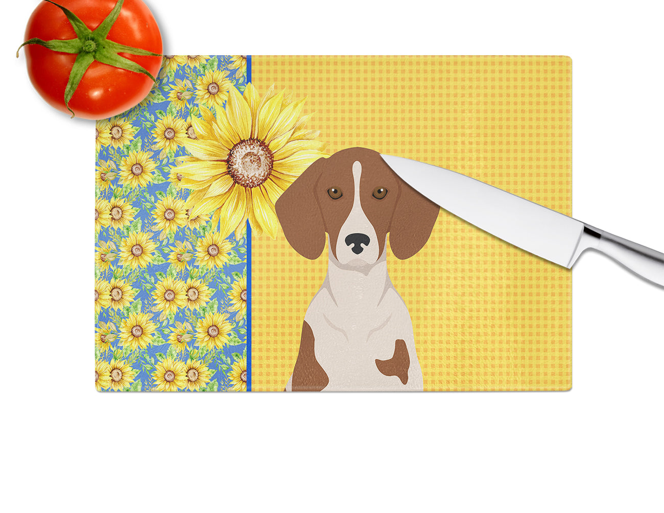 Summer Sunflowers Red Piebald Dachshund Cutting Board Tempered Glass Kitchen Cutting Surface, Heat Resistant Chopping, Non-Slip Feet, Food Prep & Serving