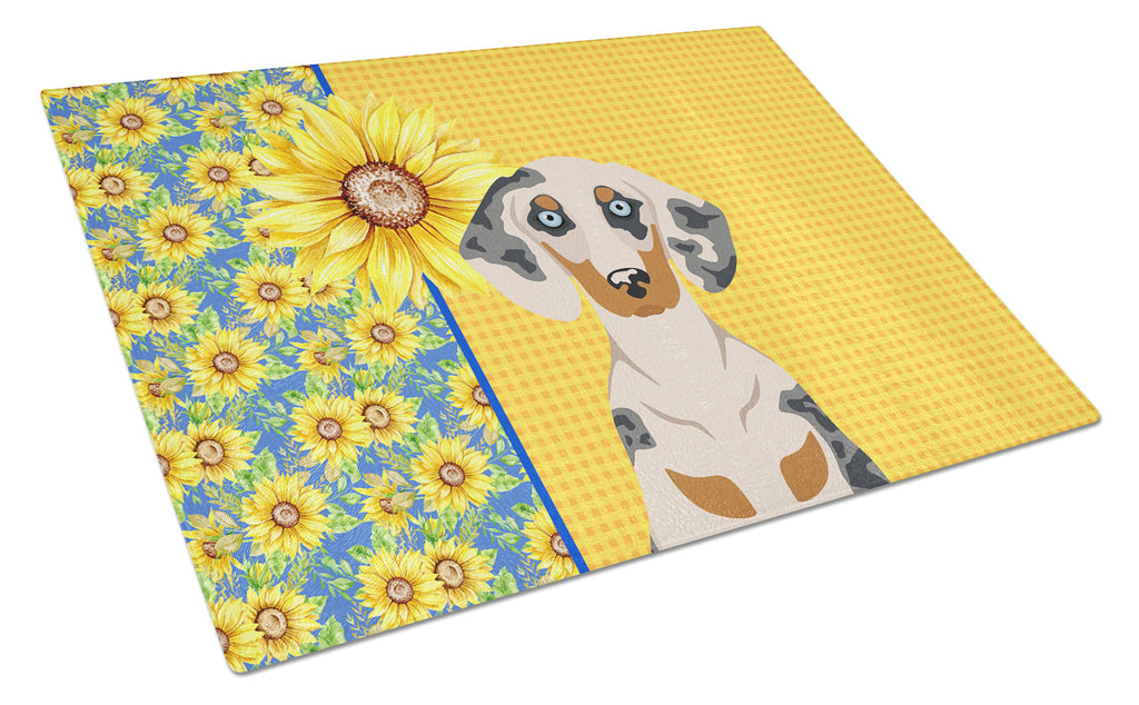 Summer Sunflowers Cream Dapple Dachshund Cutting Board Tempered Glass Kitchen Cutting Surface, Heat Resistant Chopping, Non-Slip Feet, Food Prep & Serving