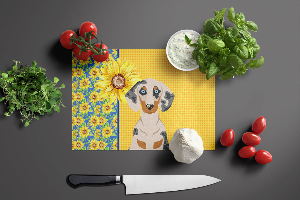 Summer Sunflowers Cream Dapple Dachshund Cutting Board Tempered Glass Kitchen Cutting Surface, Heat Resistant Chopping, Non-Slip Feet, Food Prep & Serving