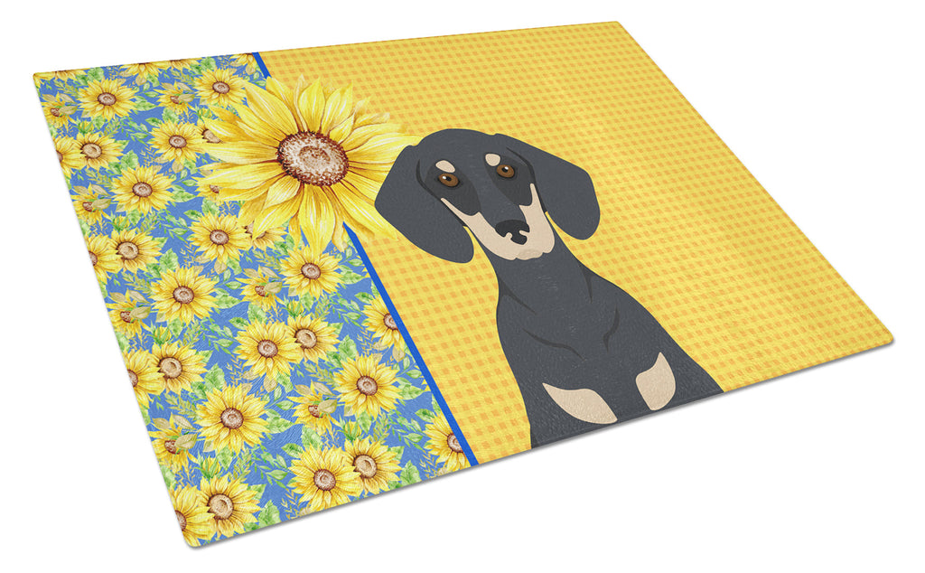 Summer Sunflowers Black and Cream Dachshund Cutting Board Tempered Glass Kitchen Cutting Surface, Heat Resistant Chopping, Non-Slip Feet, Food Prep & Serving