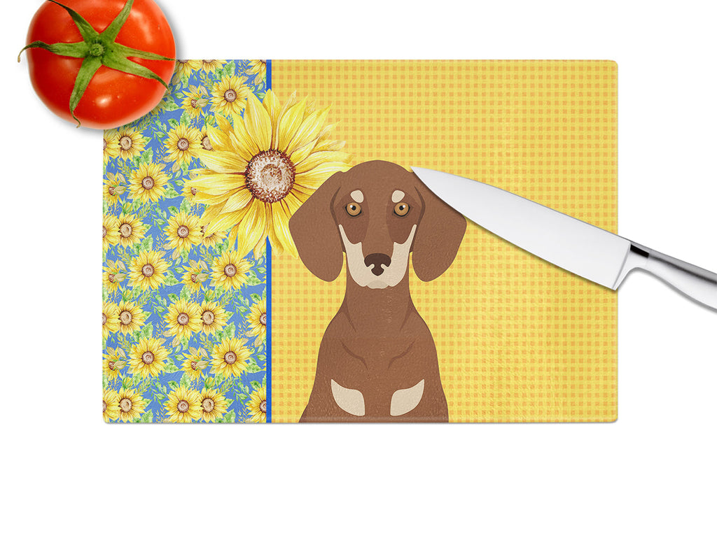 Summer Sunflowers Chocolate and Cream Dachshund Cutting Board Tempered Glass Kitchen Cutting Surface, Heat Resistant Chopping, Non-Slip Feet, Food Prep & Serving