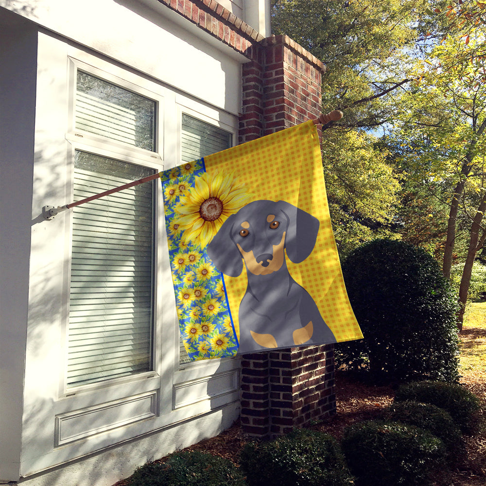 Summer Sunflowers Blue and Tan Dachshund House Flag 28x40 Porch Sleeve Pole Decorative Outside Yard Banner Artwork Wall Hanging, Polyester