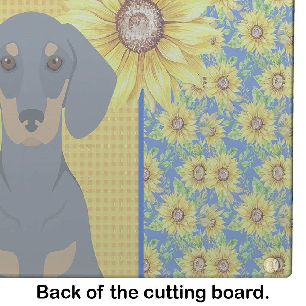 Summer Sunflowers Blue and Tan Dachshund Cutting Board Tempered Glass Kitchen Cutting Surface, Heat Resistant Chopping, Non-Slip Feet, Food Prep & Serving