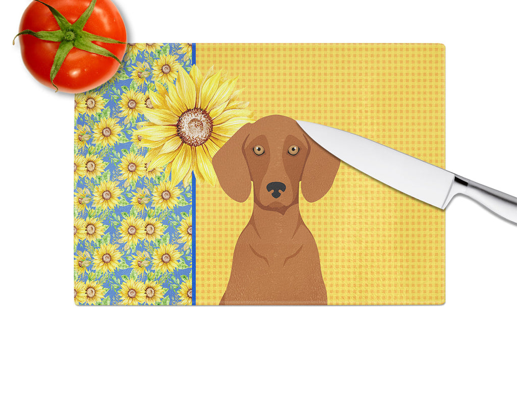 Summer Sunflowers Red Dachshund Cutting Board Tempered Glass Kitchen Cutting Surface, Heat Resistant Chopping, Non-Slip Feet, Food Prep & Serving